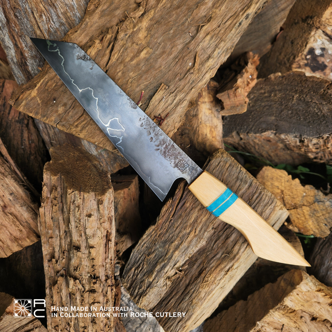 Huon Pine & Blue Juma Gem Handle Roche Cutlery Knife - Hand Forged in Australia