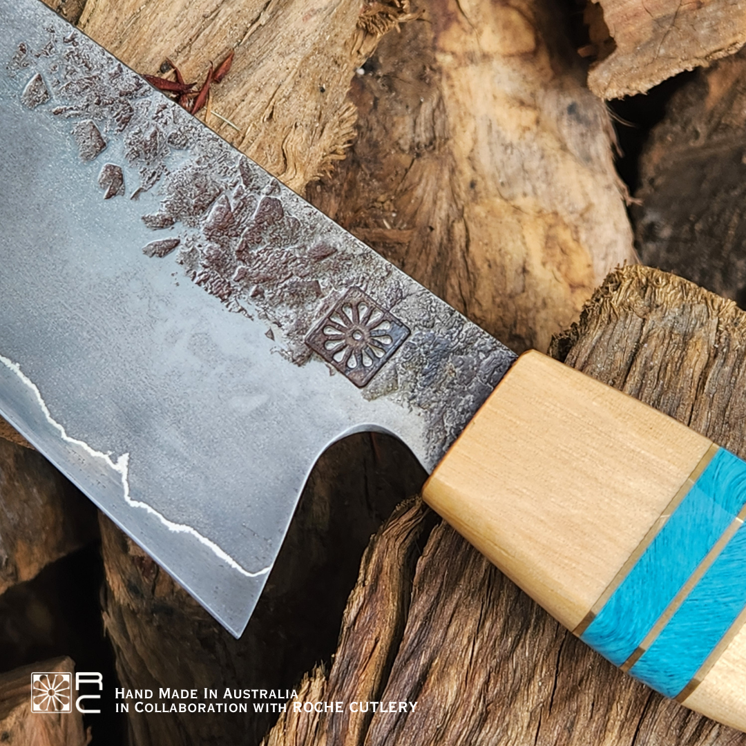 Huon Pine & Blue Juma Gem Handle Roche Cutlery Knife - Hand Forged in Australia