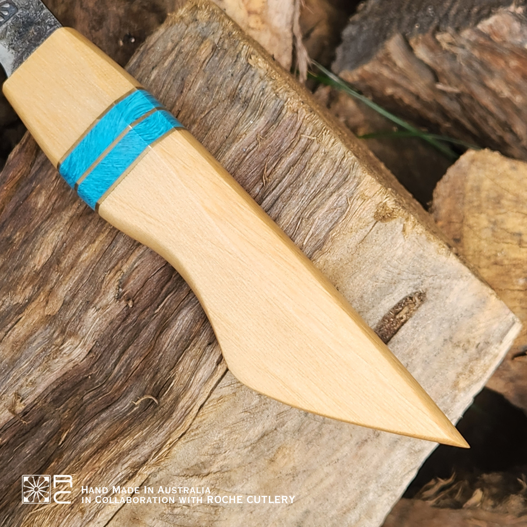 Huon Pine & Blue Juma Gem Handle Roche Cutlery Knife - Hand Forged in Australia