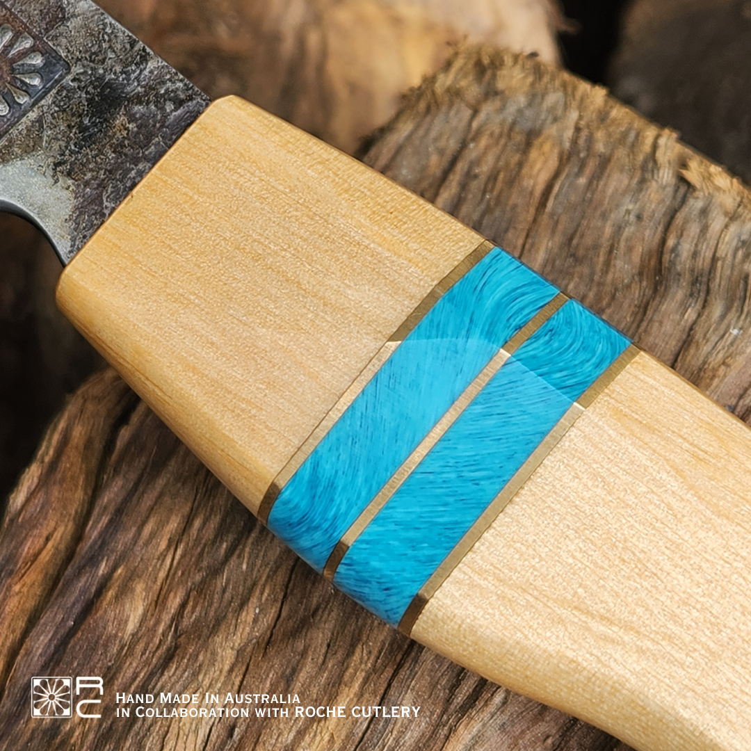 Huon Pine & Blue Juma Gem Handle Roche Cutlery Knife - Hand Forged in Australia
