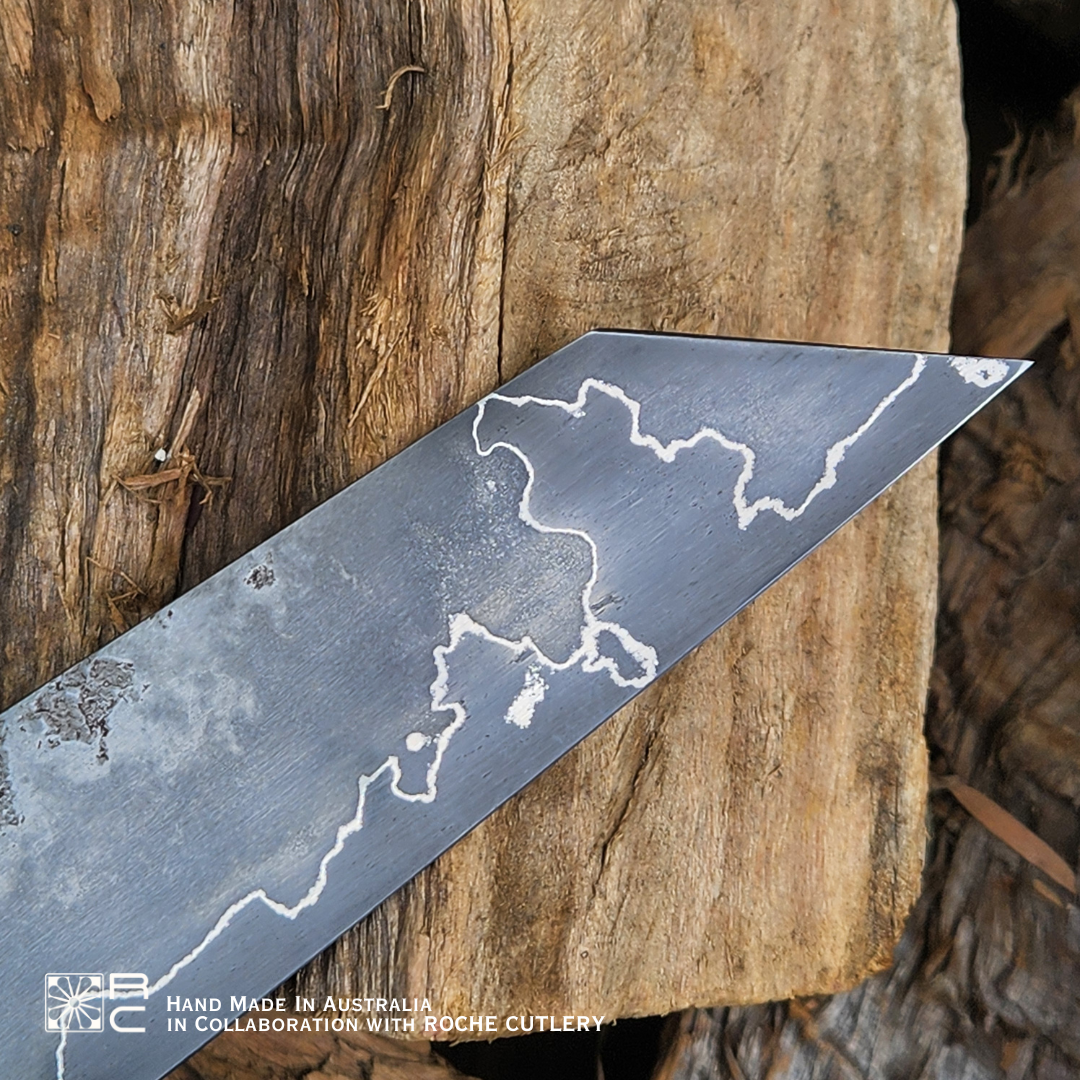 Huon Pine & Blue Juma Gem Handle Roche Cutlery Knife - Hand Forged in Australia